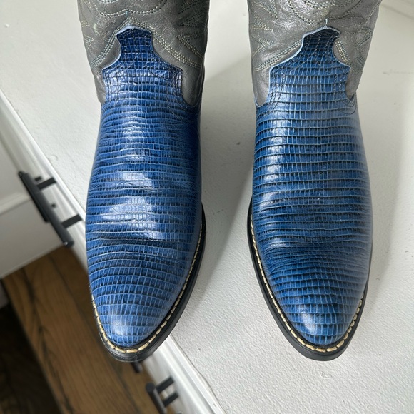 Vintage Acme Western Cowboy Boots – Blue Lizard Print Vamp & Gray Shaft Size 10 - Picture 4 of 10